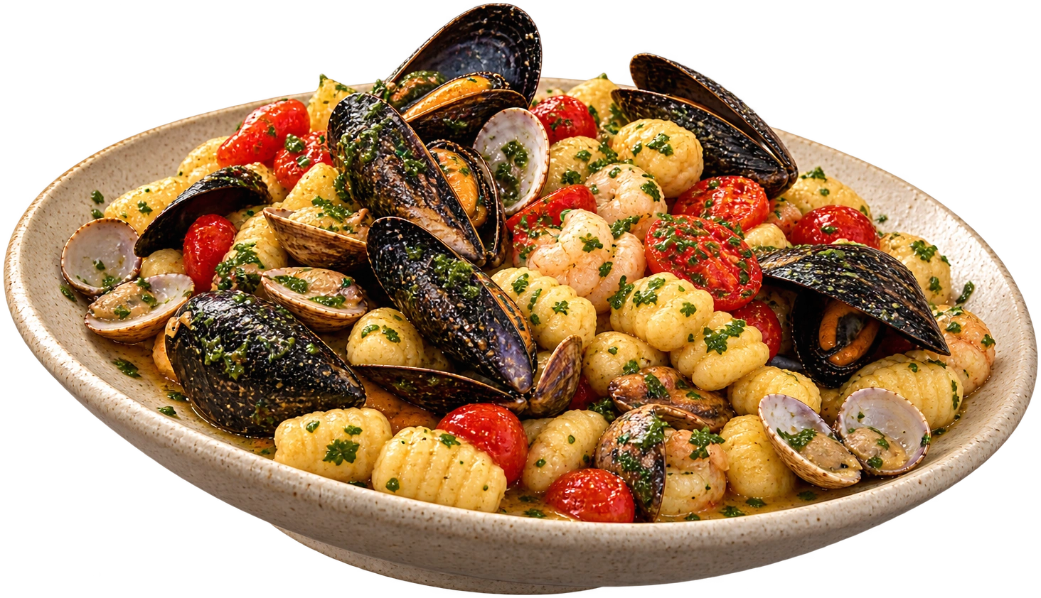 Gnocchi con frutti di mare, cozze, vongole e gamberi