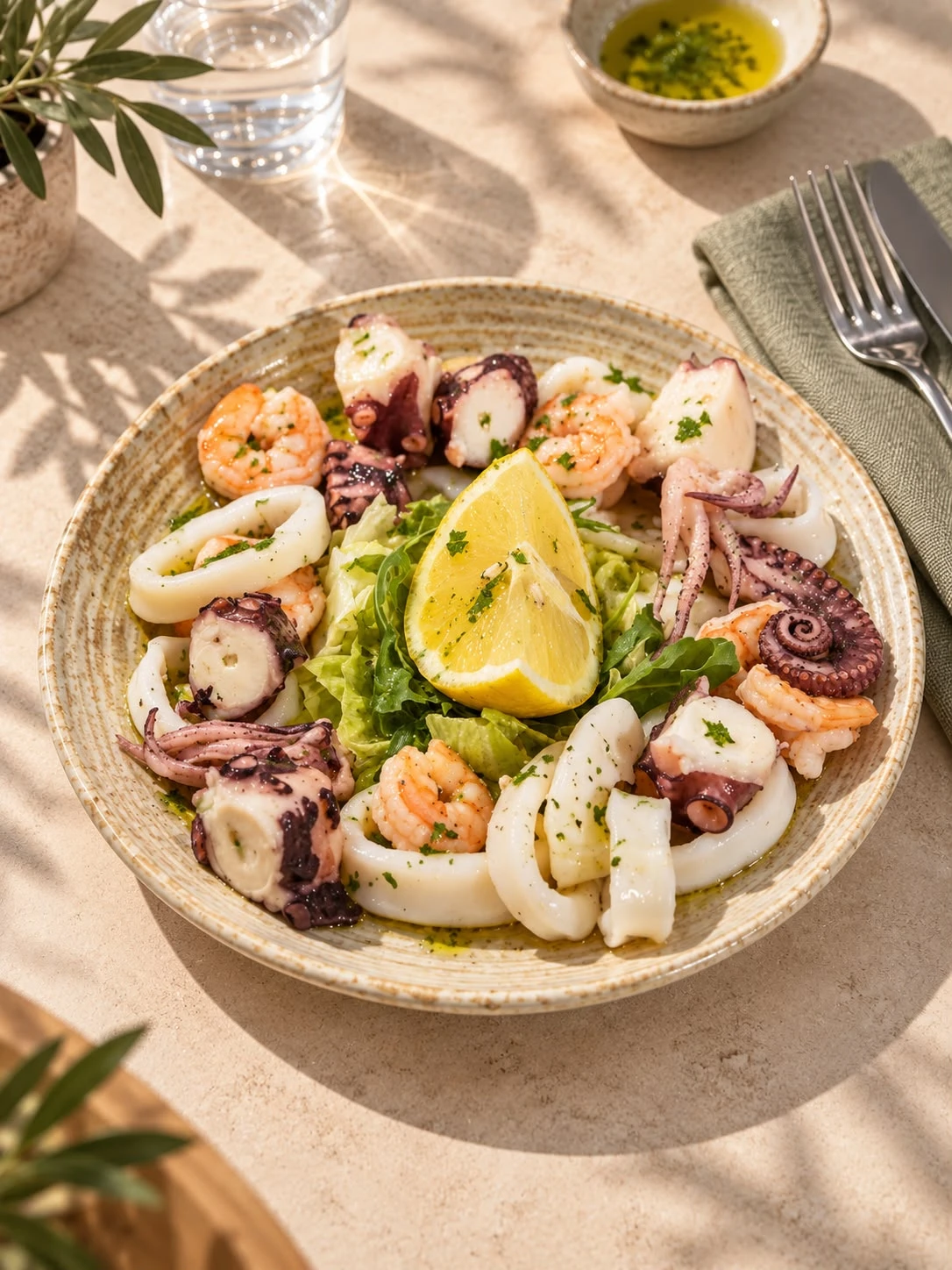 Insalata di mare con polpo, gamberi, calamari e limone